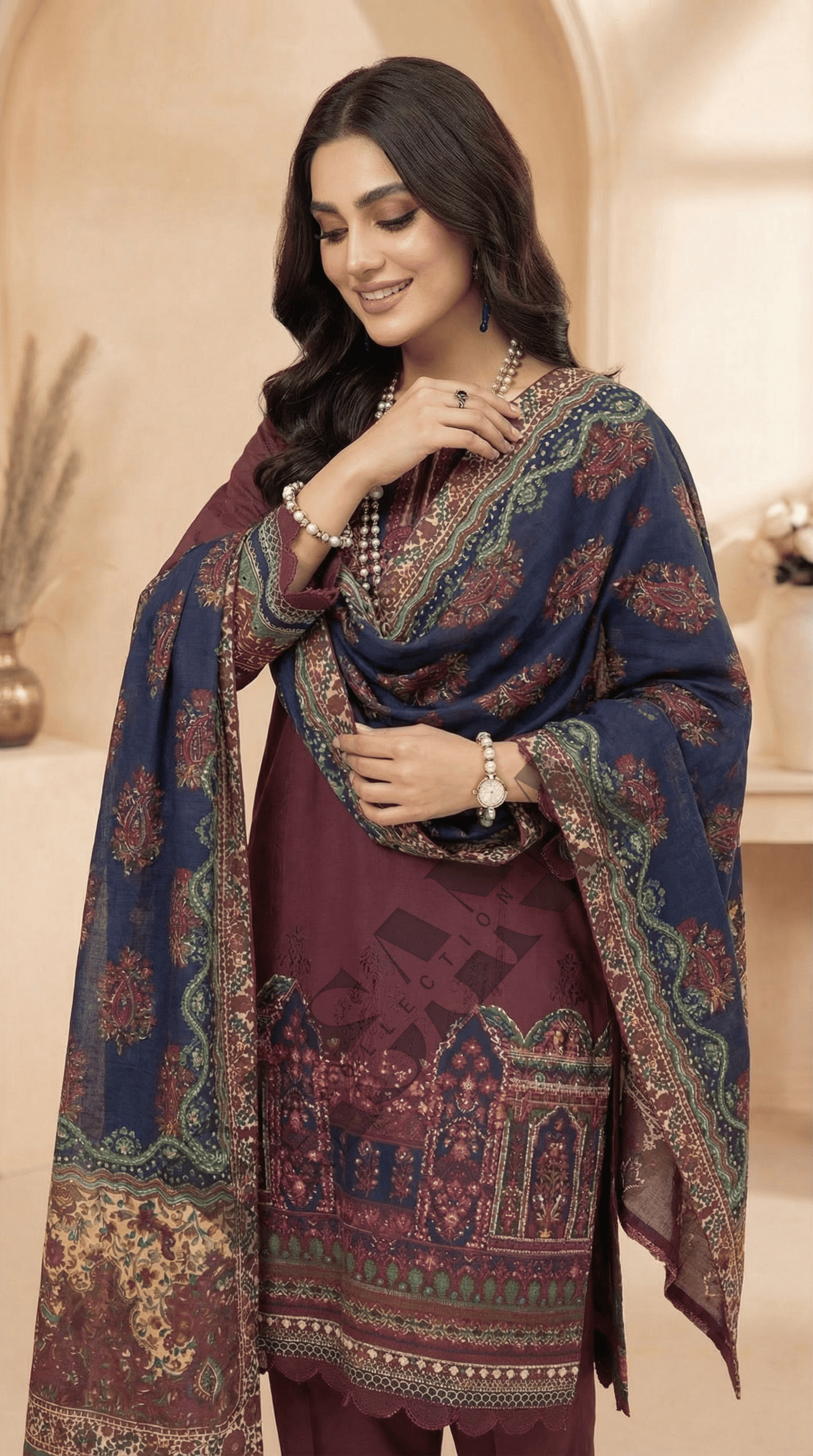 Mausummery Winter Khaddar Garnet 3PC Digital Printed Unstitched Suit