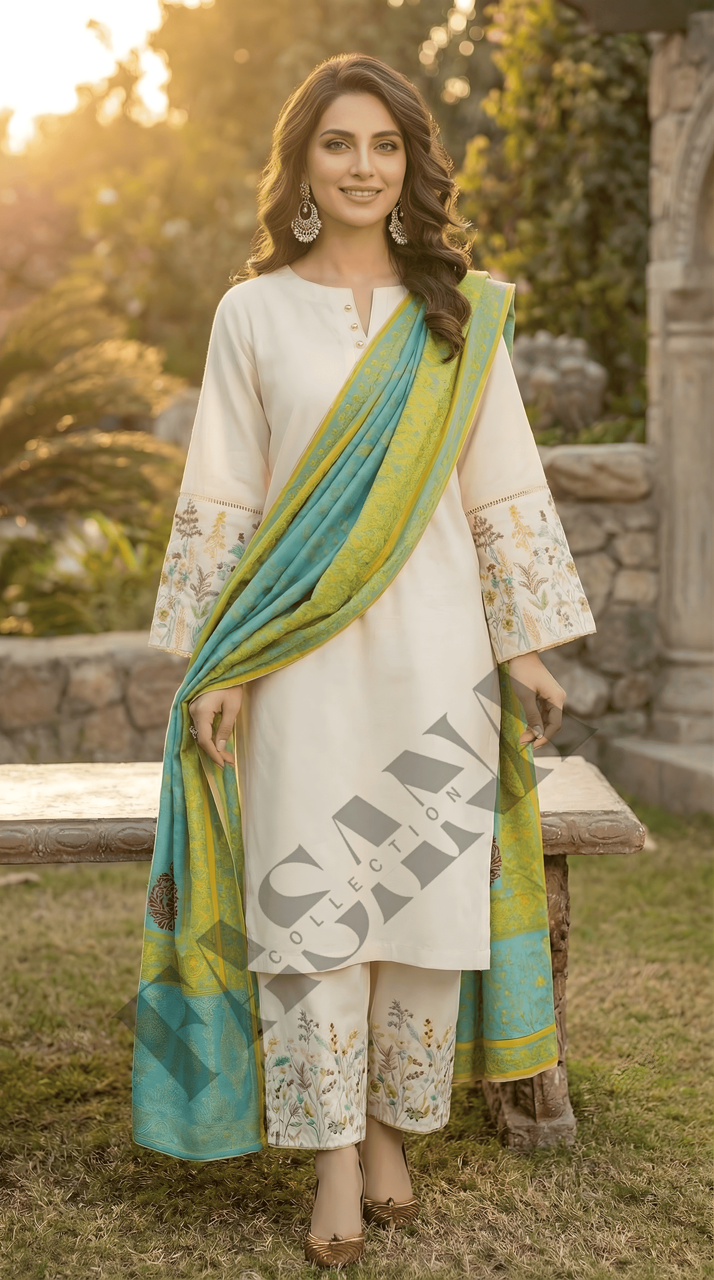 Elegant Ivory 3-Piece Dhanak Suit with Printed Shawl ( UNSTITCH)