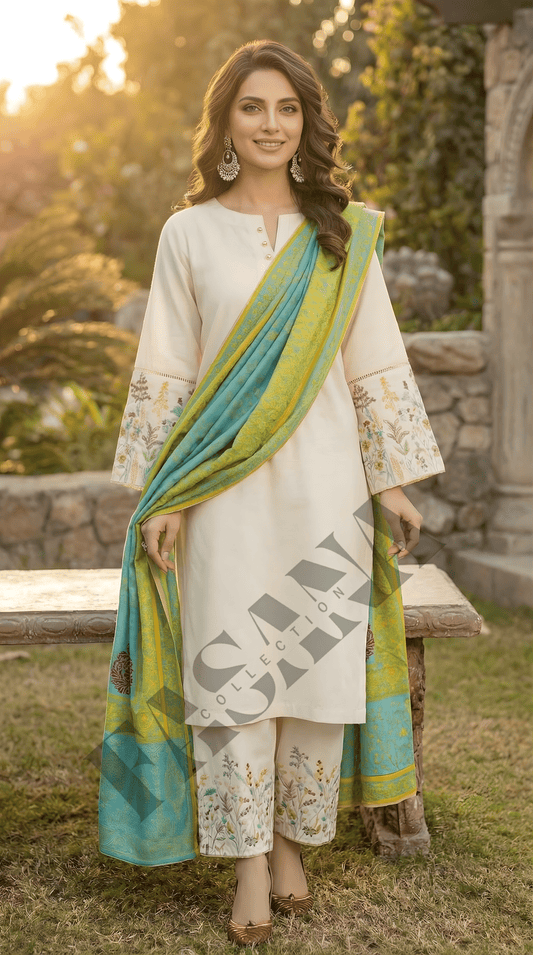 Elegant Ivory 3-Piece Dhanak Suit with Printed Shawl ( UNSTITCH)