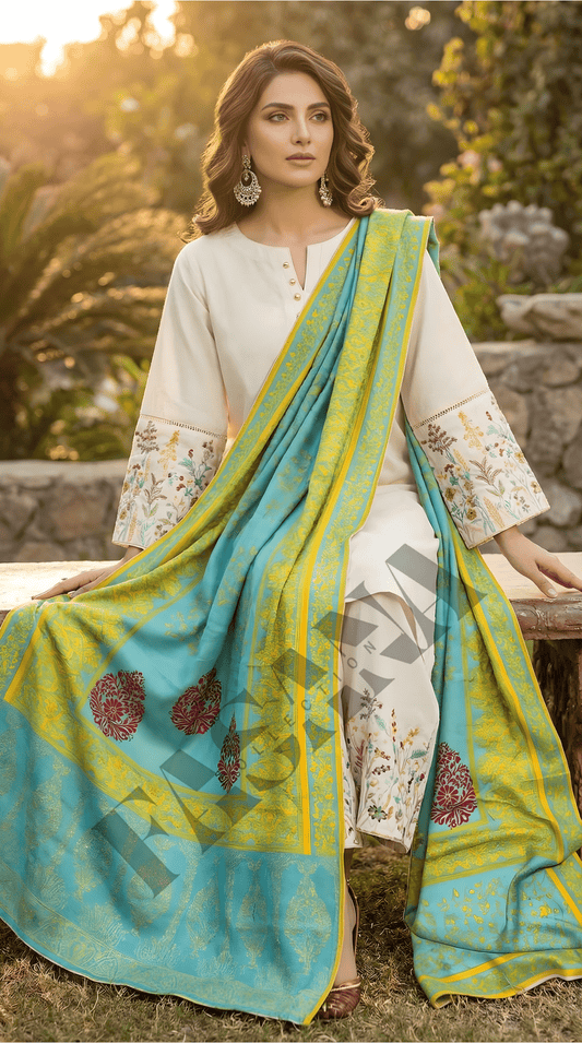Elegant Ivory 3-Piece Dhanak Suit with Printed Shawl ( UNSTITCH)