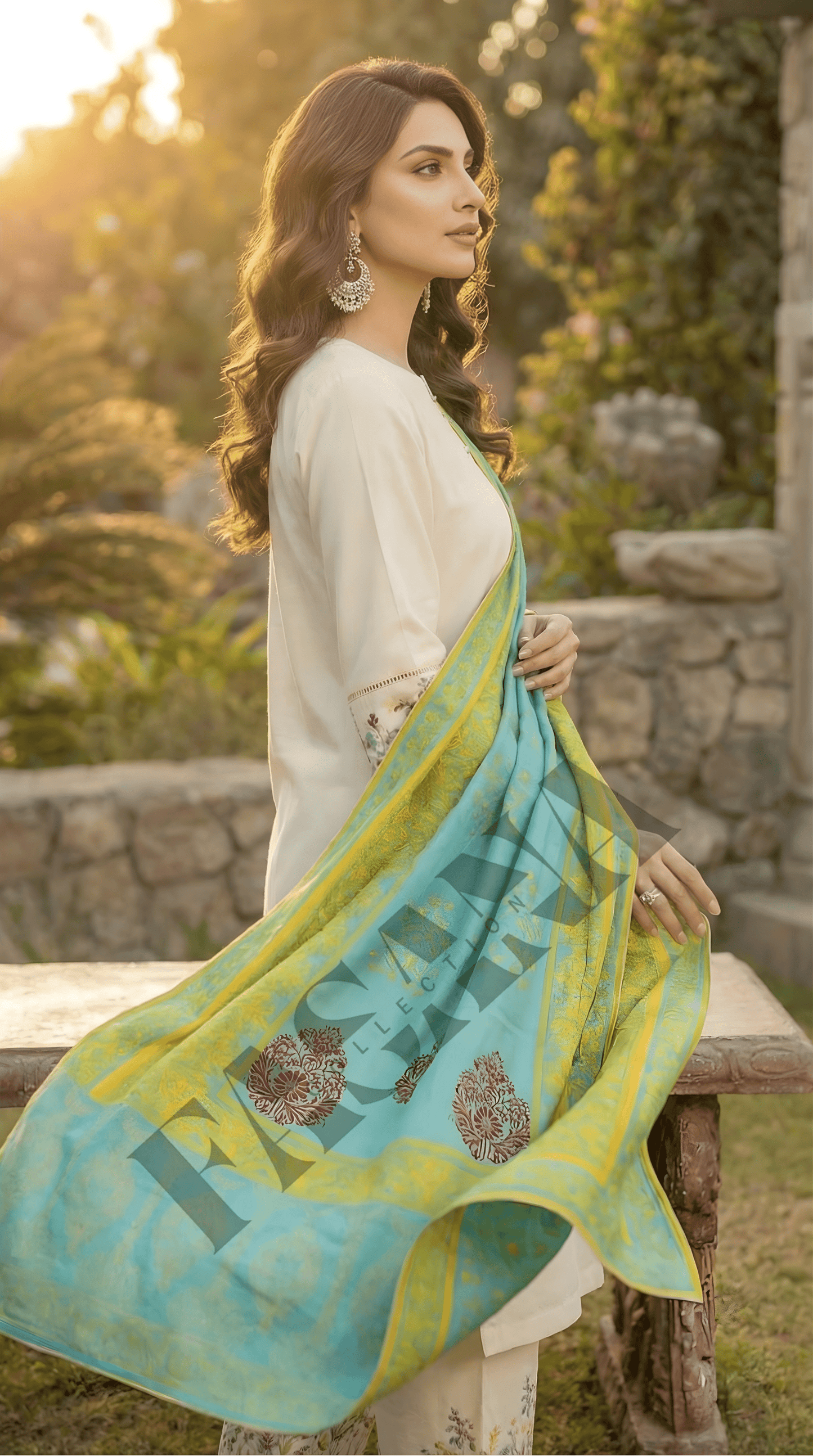 Elegant Ivory 3-Piece Dhanak Suit with Printed Shawl ( UNSTITCH)