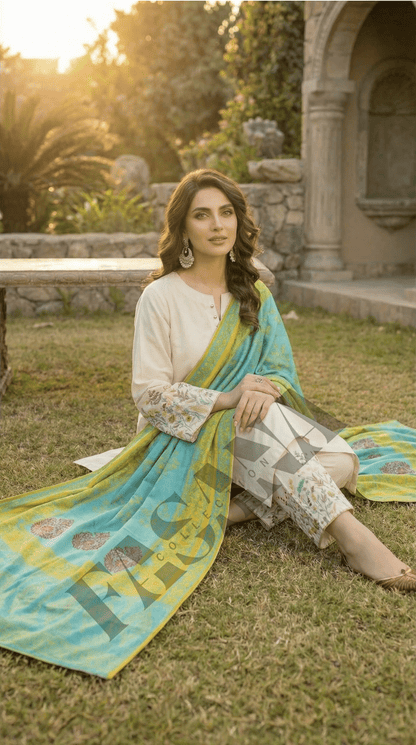 Elegant Ivory 3-Piece Dhanak Suit with Printed Shawl ( UNSTITCH)