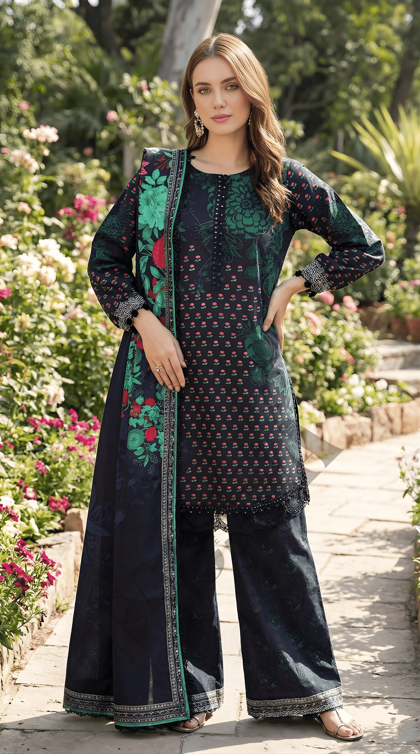 Charizma Blue Floral 3-Piece Dhanak Suit with Printed Dupatta