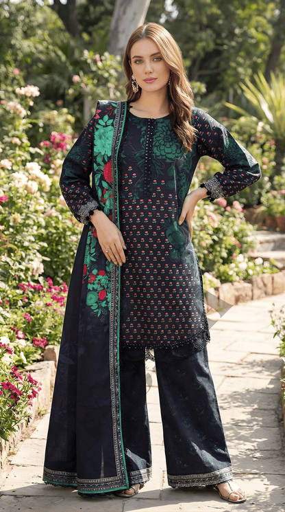 Charizma Blue Floral 3-Piece Dhanak Suit with Printed Dupatta