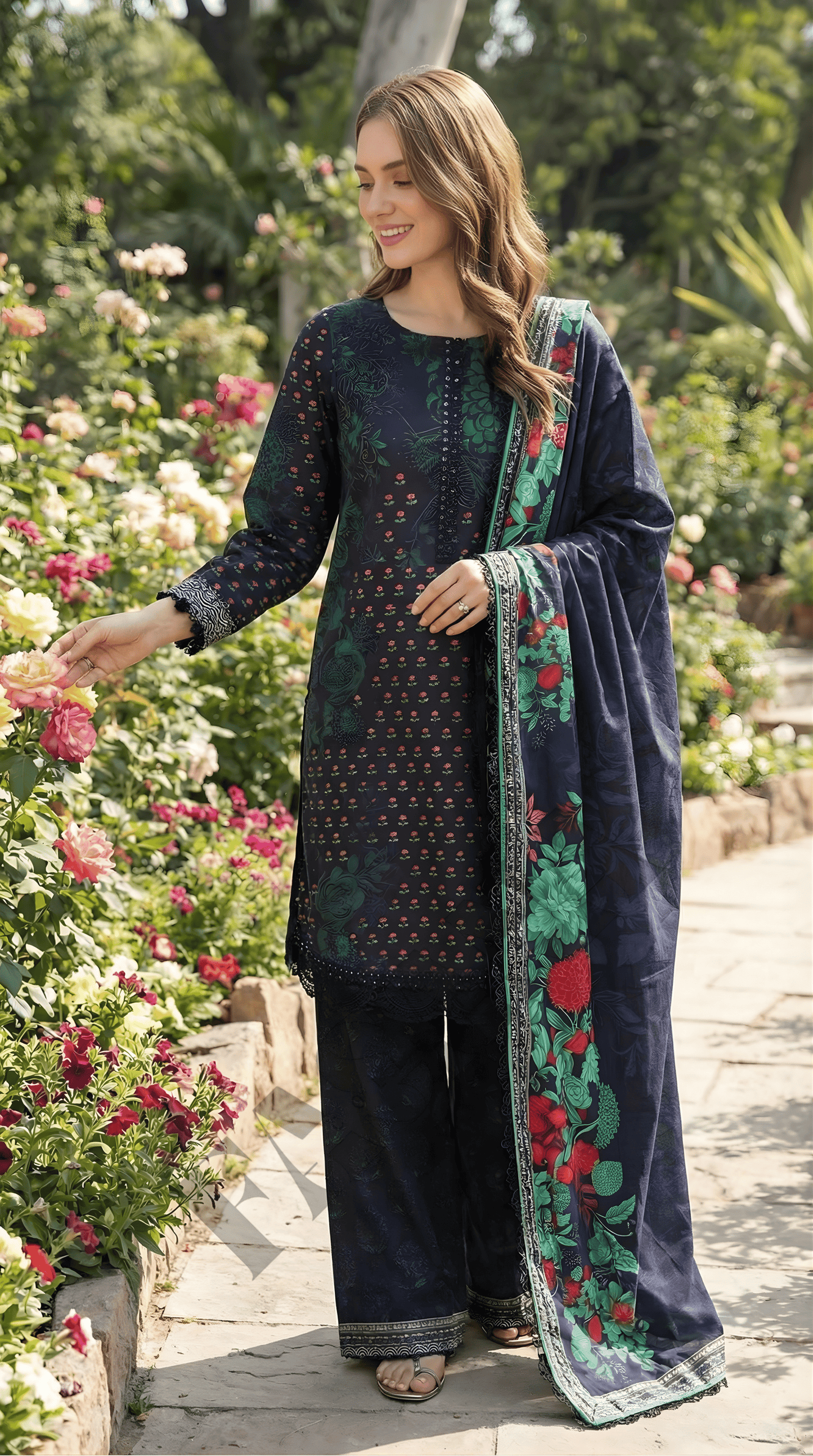 Charizma Blue Floral 3-Piece Dhanak Suit with Printed Dupatta