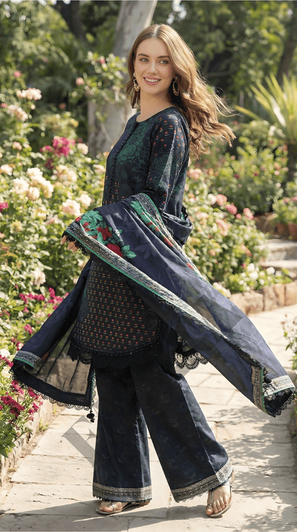 Charizma Blue Floral 3-Piece Dhanak Suit with Printed Dupatta