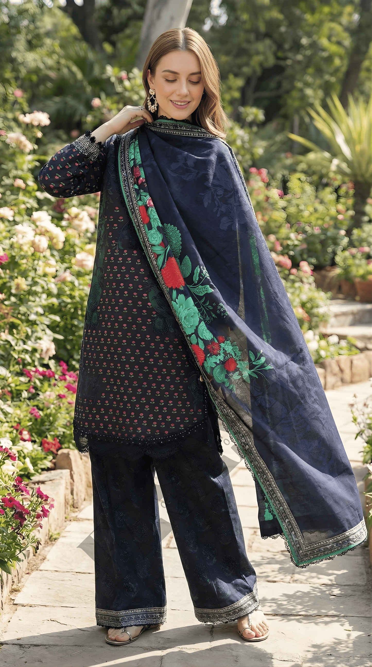 Charizma Blue Floral 3-Piece Dhanak Suit with Printed Dupatta