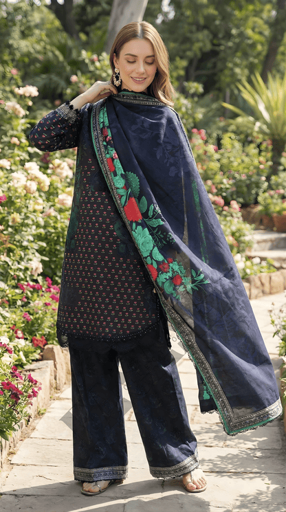 Charizma Blue Floral 3-Piece Dhanak Suit with Printed Dupatta