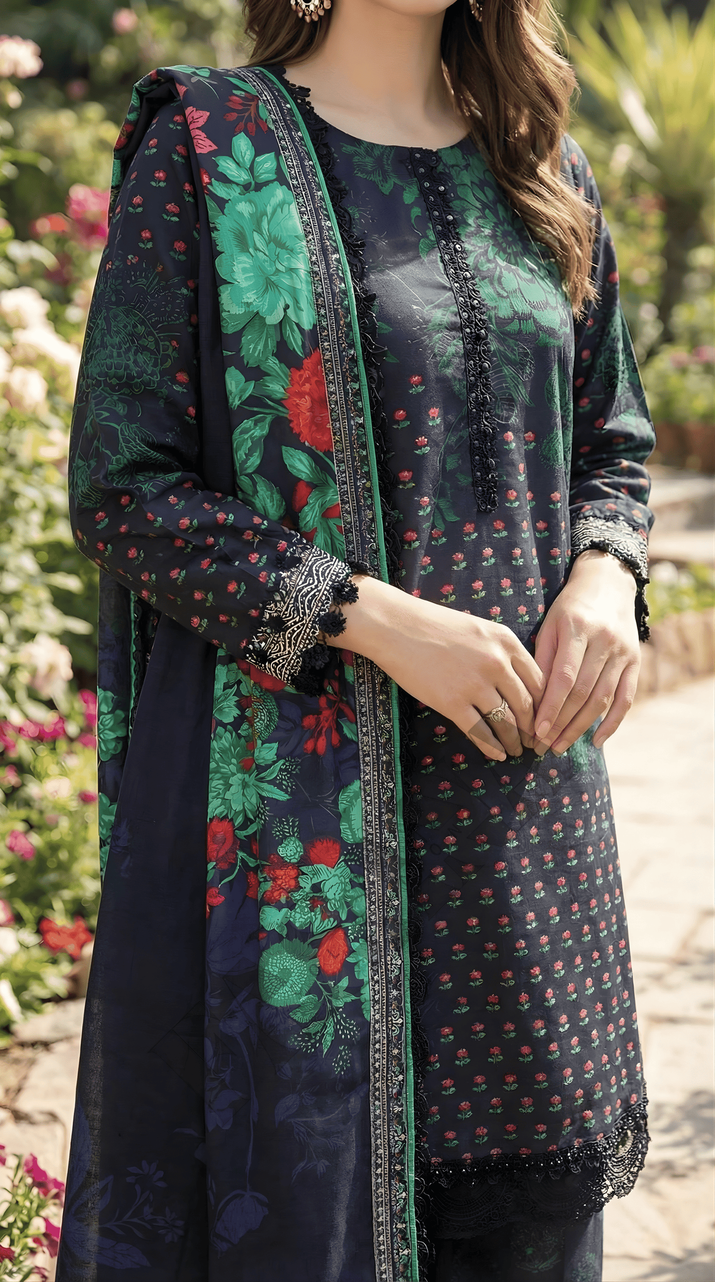 Charizma Blue Floral 3-Piece Dhanak Suit with Printed Dupatta