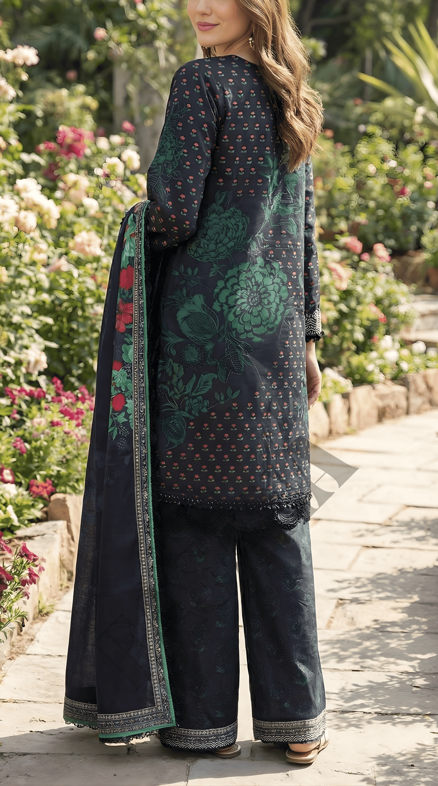 Charizma Blue Floral 3-Piece Dhanak Suit with Printed Dupatta