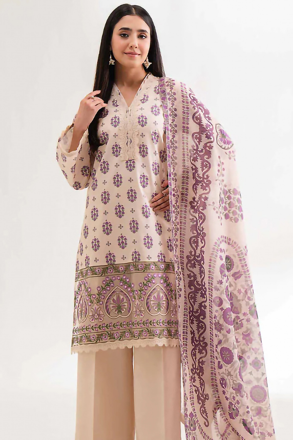 Nishat Elegant Cream Unstitched Suit with Purple Motifs & Printed Dupatta – 3 Pc