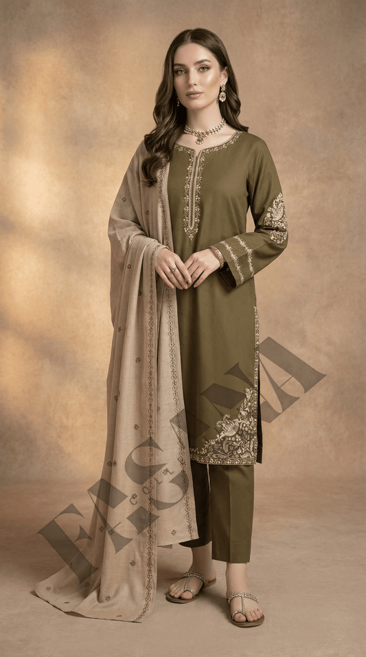 Dhanak 3PC Embroidered Winter Suit with Dhanak Shawl (UNSTITCH)