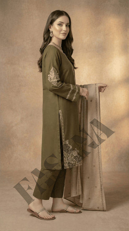 Dhanak 3PC Embroidered Winter Suit with Dhanak Shawl (UNSTITCH)