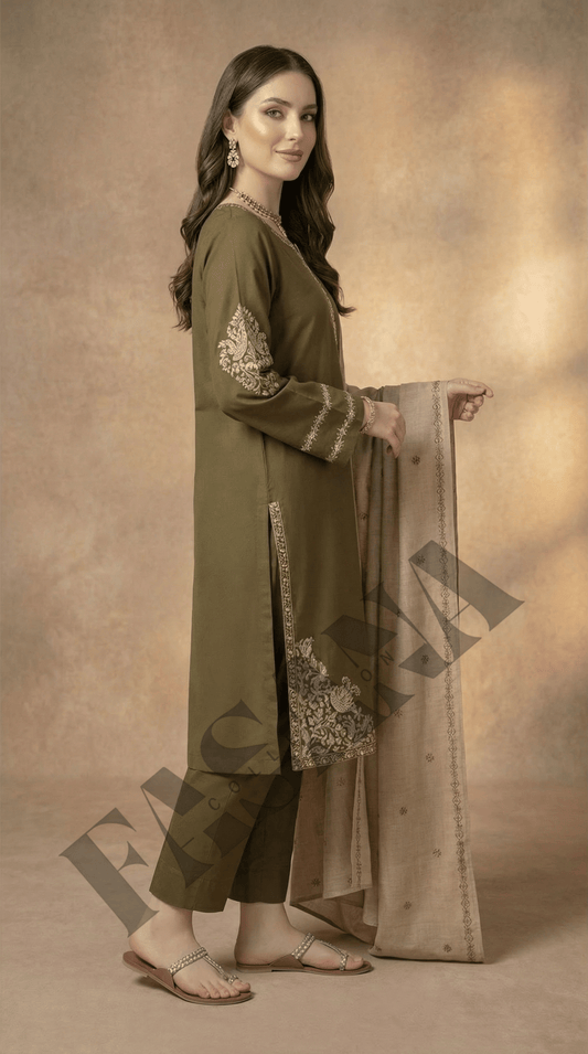Dhanak 3PC Embroidered Winter Suit with Dhanak Shawl (UNSTITCH)