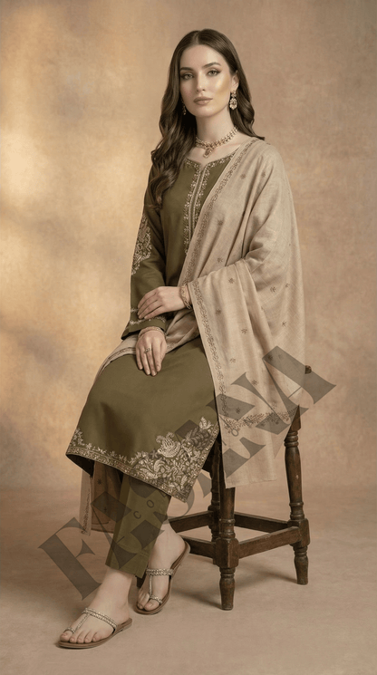 Dhanak 3PC Embroidered Winter Suit with Dhanak Shawl (UNSTITCH)