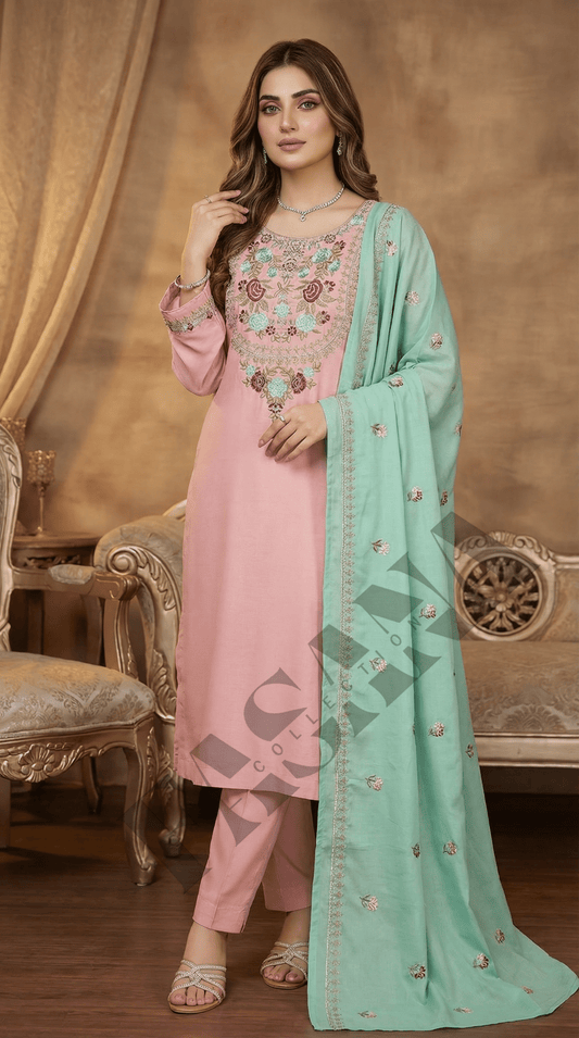 Dhanak 3PC Embroidered Suit with Contrast Dhanak Shawl (UNSTITCH)