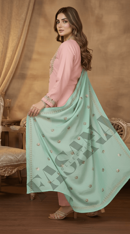 Dhanak 3PC Embroidered Suit with Contrast Dhanak Shawl (UNSTITCH)