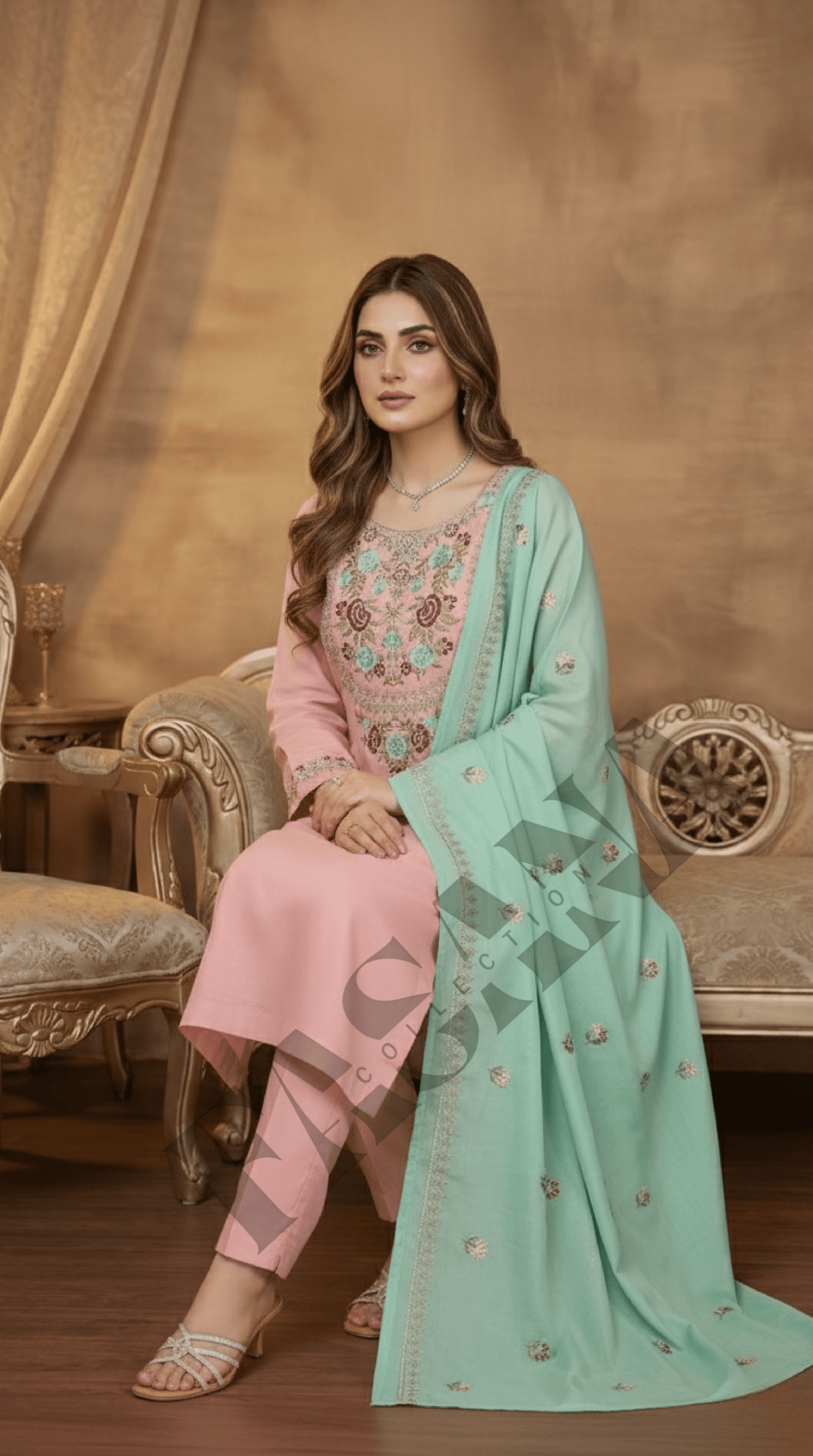 Dhanak 3PC Embroidered Suit with Contrast Dhanak Shawl (UNSTITCH)