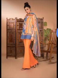 Sapphire Orange & Blue Printed 3-Piece Dhanak Suit with Striped Shawl( UNSTITCH )