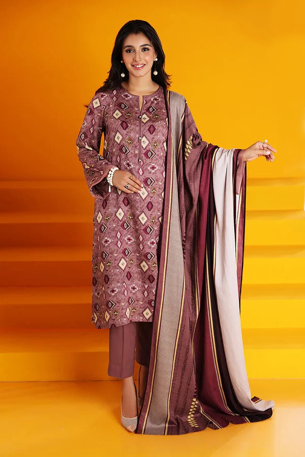 Nishat Elegant Maroon Unstitched Linen Printed Suit with Contrast Dupatta – 3 Pc