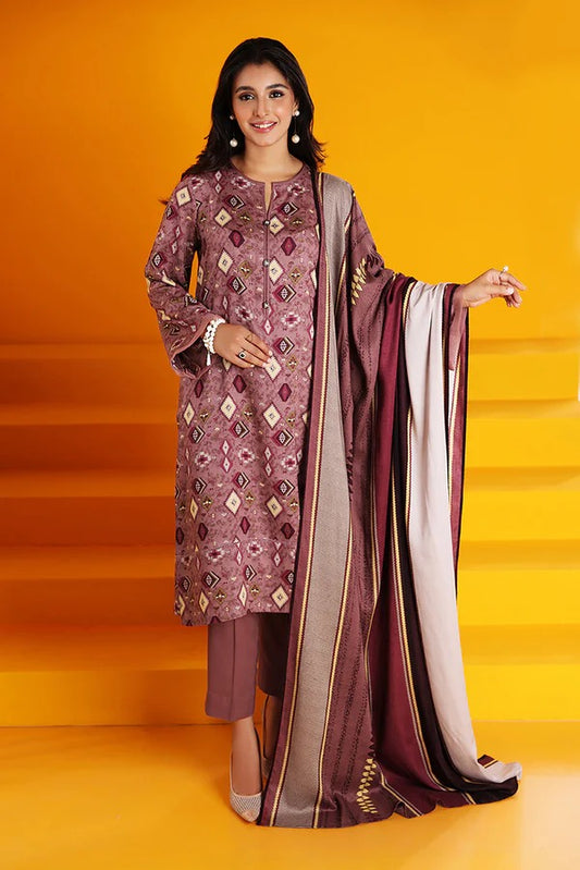 Nishat Elegant Maroon Unstitched Linen Printed Suit with Contrast Dupatta – 3 Pc