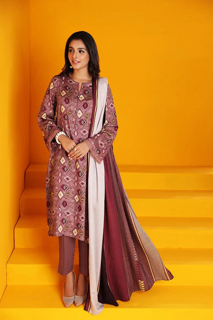 Nishat Elegant Maroon Unstitched Linen Printed Suit with Contrast Dupatta – 3 Pc