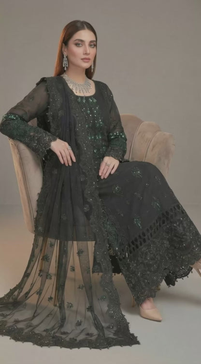 This is an unstitched lawn collection 3-piece suit with sequence embroidered front, embroidered sleeves, embroidered trouser, and a Bamber embroidered chiffon dupatta.