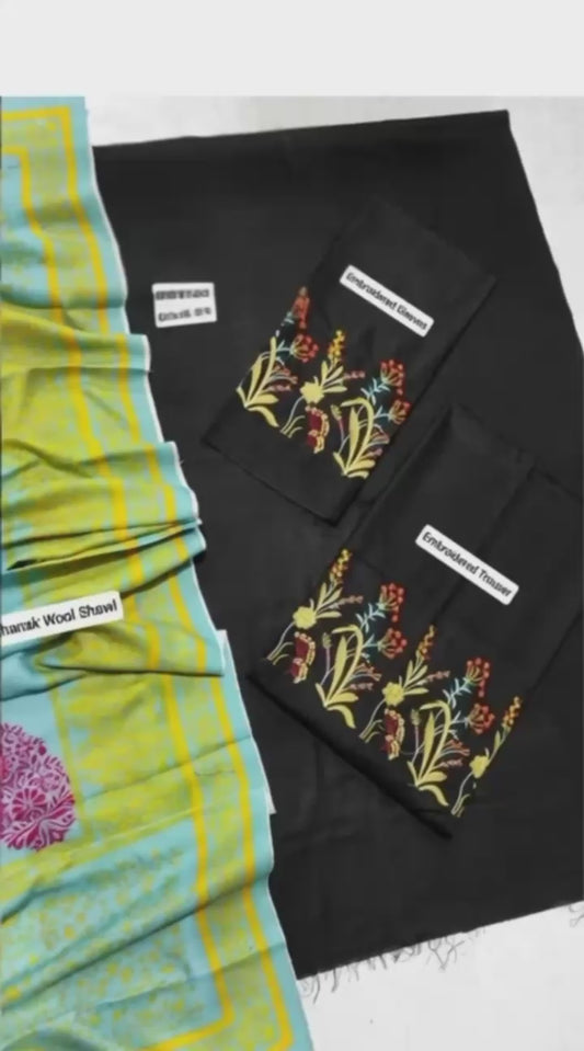 Dhanak 3PC Embroidered Winter Suit with Wool Shawl