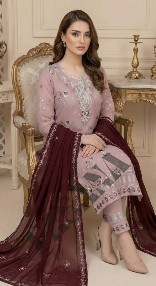 .This is an unstitched lawn collection 3-piece suit with sequence embroidered front, embroidered sleeves, embroidered trouser, and a Bamber embroidered chiffon dupatta.
