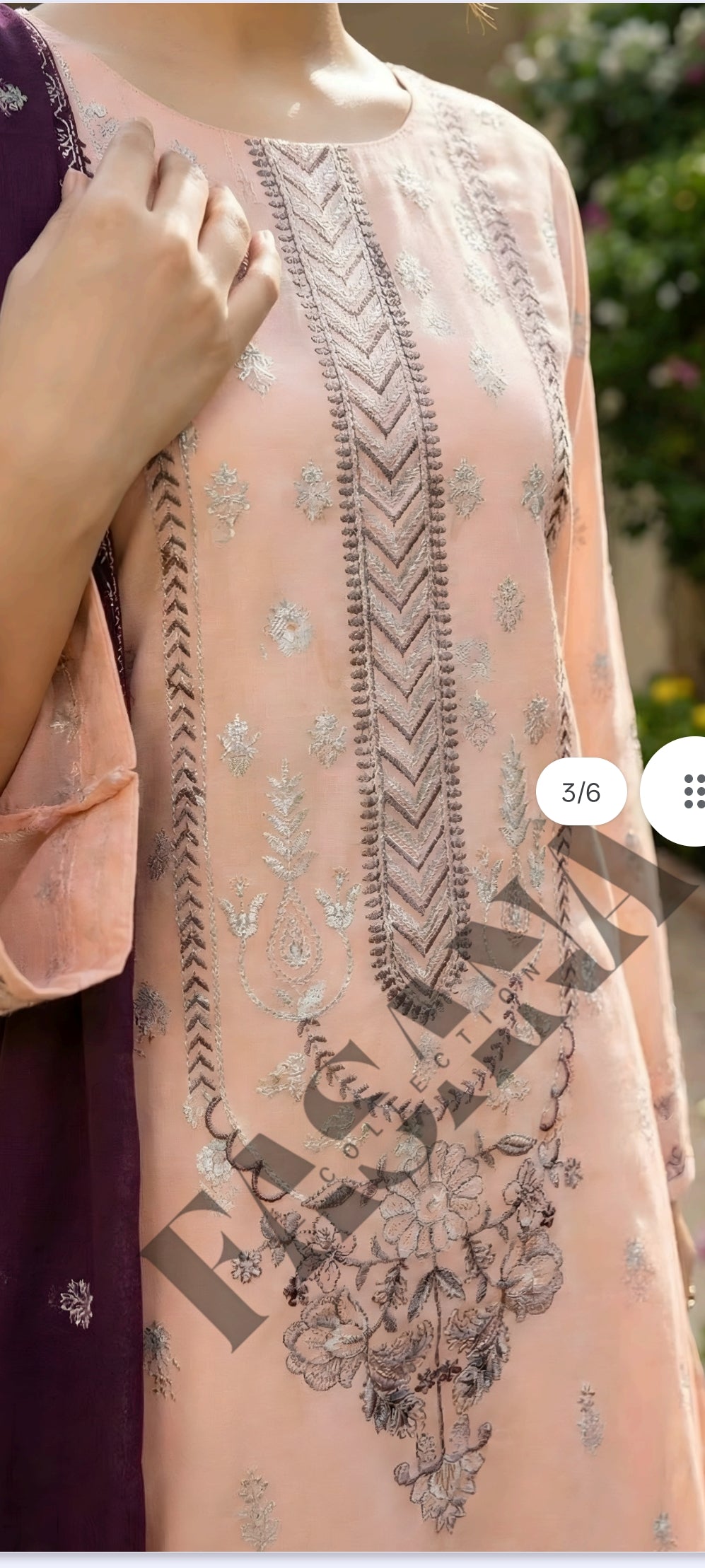 This is an unstitched lawn collection 3-piece suit with sequence embroidered front, embroidered sleeves, embroidered trouser, and a Bamber embroidered chiffon dupatta.