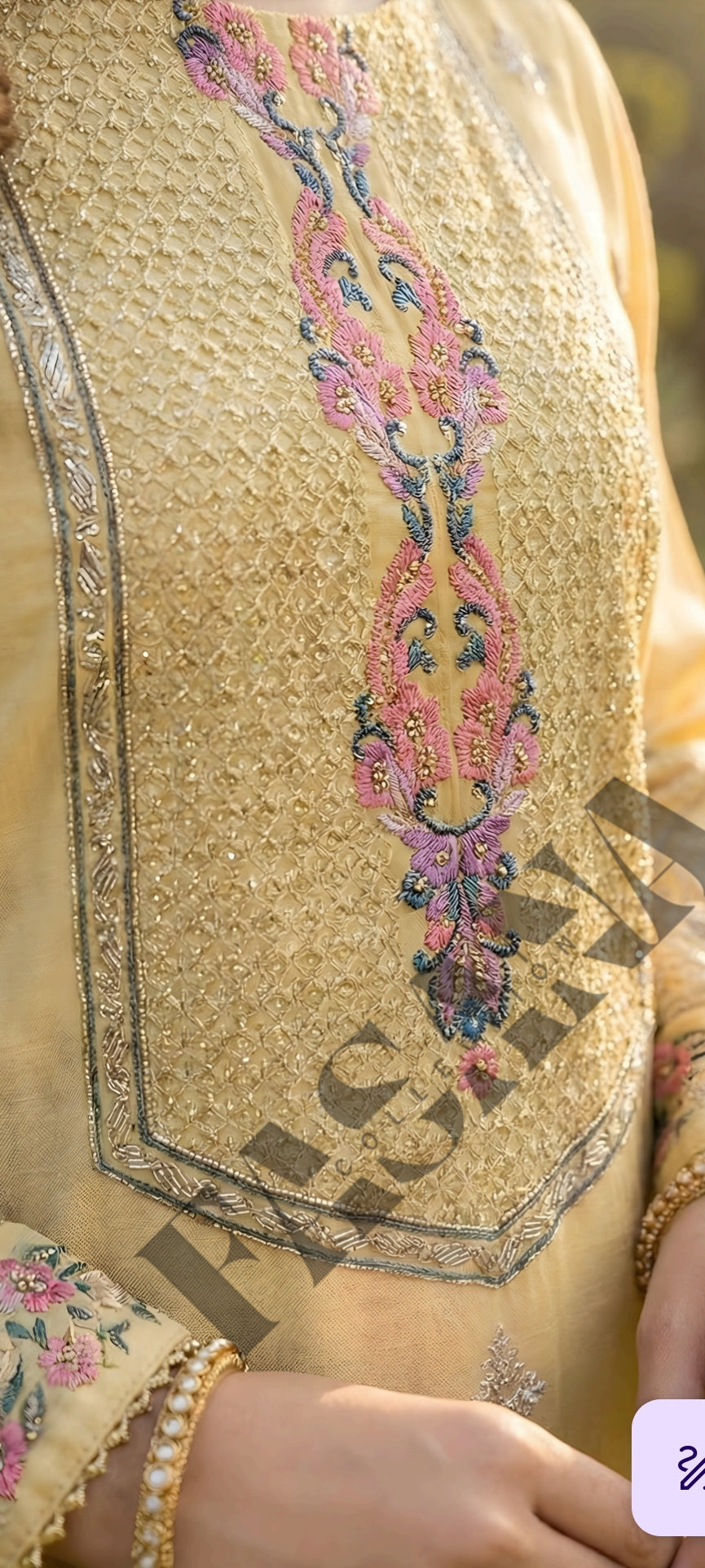 .This is an unstitched lawn collection 3-piece suit with sequence embroidered front, embroidered sleeves, embroidered trouser, and a Bamber embroidered chiffon dupatta.