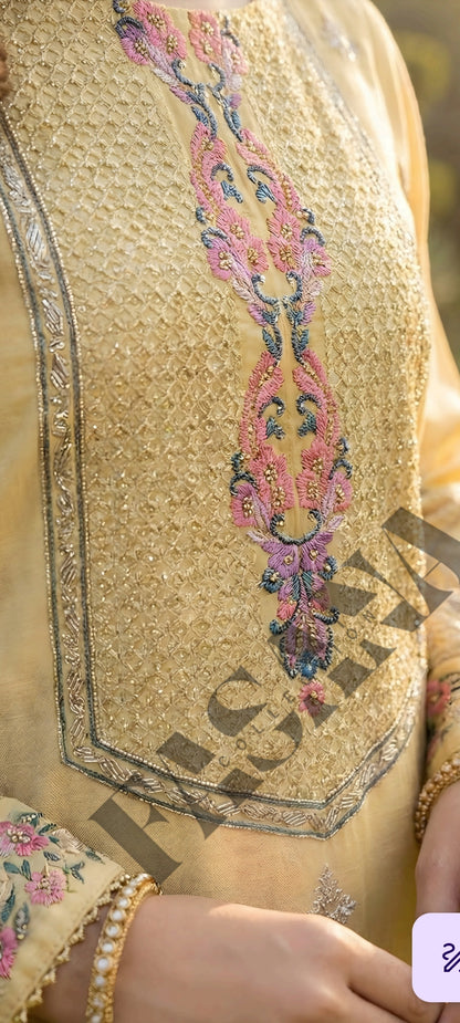 .This is an unstitched lawn collection 3-piece suit with sequence embroidered front, embroidered sleeves, embroidered trouser, and a Bamber embroidered chiffon dupatta.