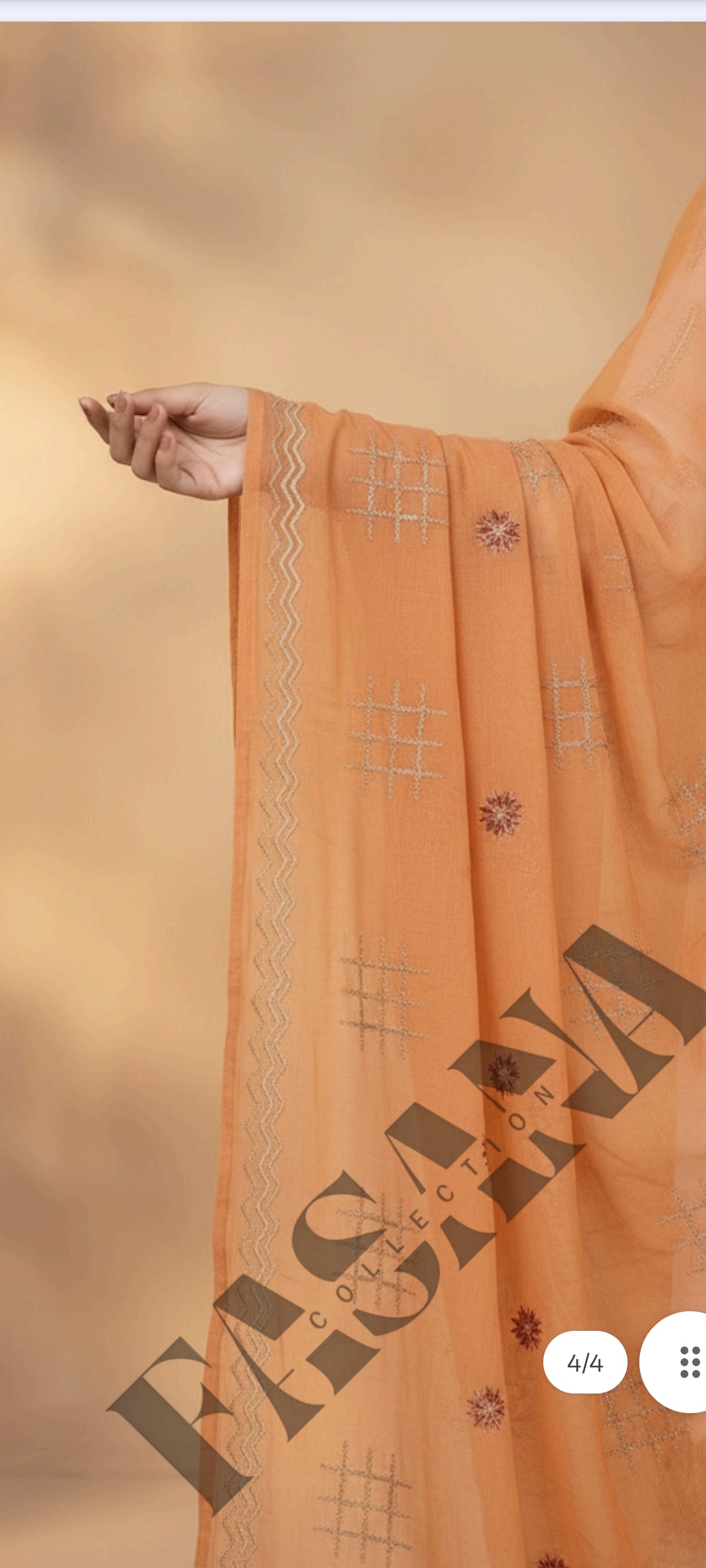 This is an unstitched lawn collection 3-piece suit with sequence embroidered front, embroidered sleeves, embroidered trouser, and a Bamber embroidered chiffon dupatta.