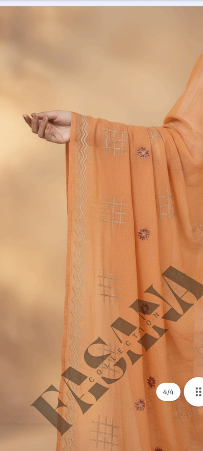 This is an unstitched lawn collection 3-piece suit with sequence embroidered front, embroidered sleeves, embroidered trouser, and a Bamber embroidered chiffon dupatta.