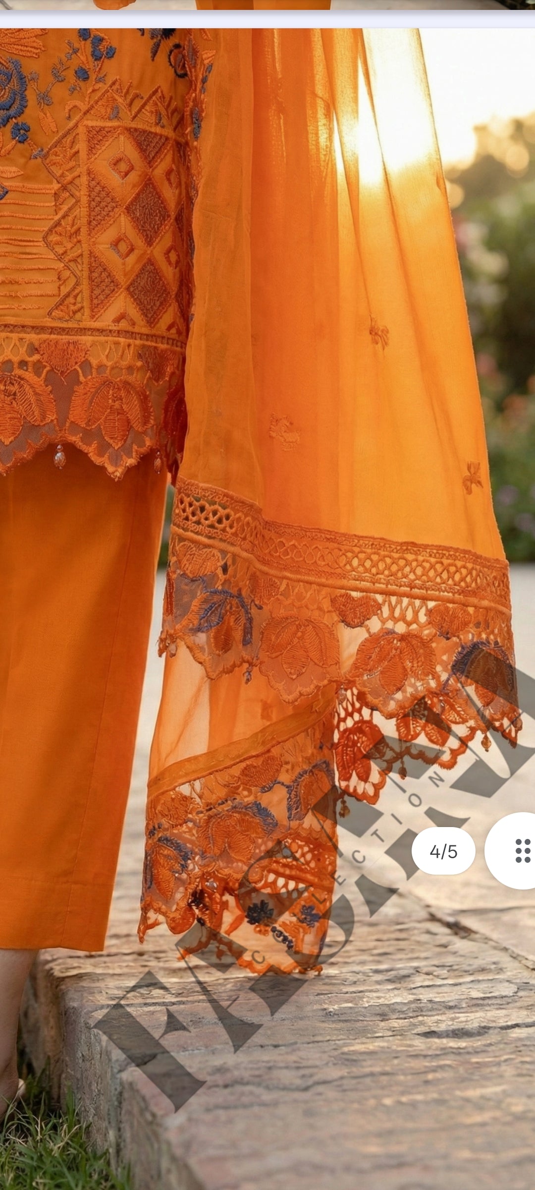 unstitched lawn collection 3-piece suit with sequence embroidered front, sleeves,trouser, and a Bamber embroidered chiffon dupatta.