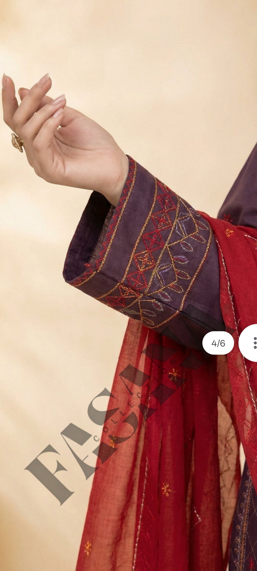 This is an unstitched lawn collection 3-piece suit with sequence embroidered front, embroidered sleeves, embroidered trouser, and a Bamber embroidered chiffon dupatta.