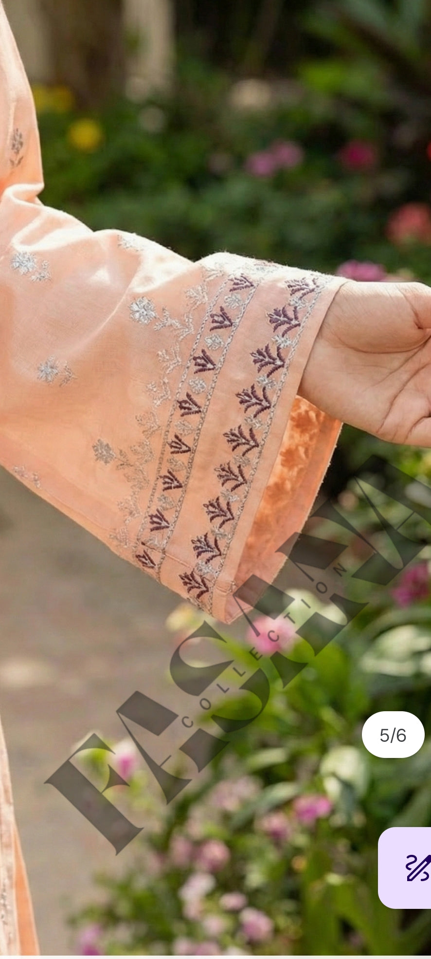 This is an unstitched lawn collection 3-piece suit with sequence embroidered front, embroidered sleeves, embroidered trouser, and a Bamber embroidered chiffon dupatta.