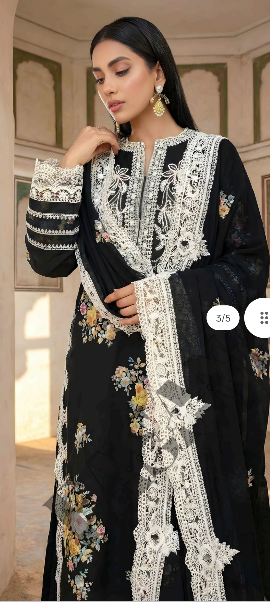 .This is an unstitched lawn collection 3-piece suit with sequence embroidered front, embroidered sleeves, embroidered trouser, and a Bamber embroidered chiffon dupatta.