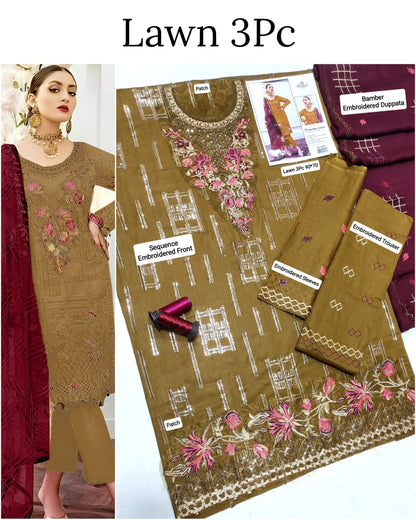 This is an unstitched lawn collection 3-piece suit with sequence embroidered front, embroidered sleeves, embroidered trouser, and a Bamber embroidered chiffon dupatta..