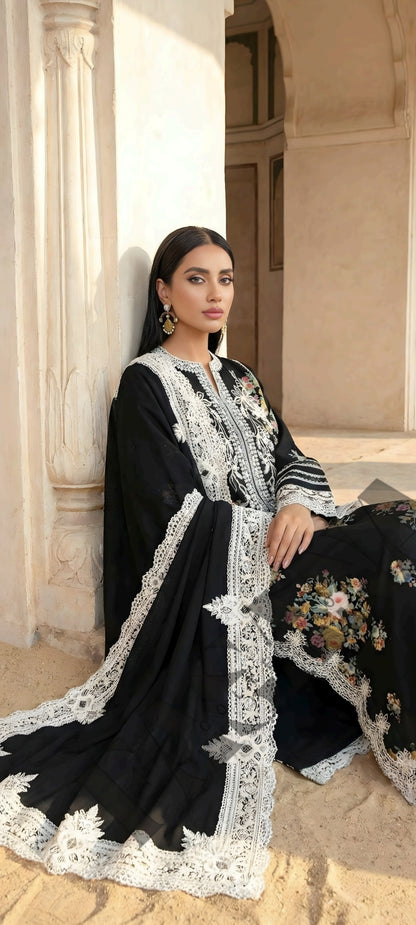 .This is an unstitched lawn collection 3-piece suit with sequence embroidered front, embroidered sleeves, embroidered trouser, and a Bamber embroidered chiffon dupatta.