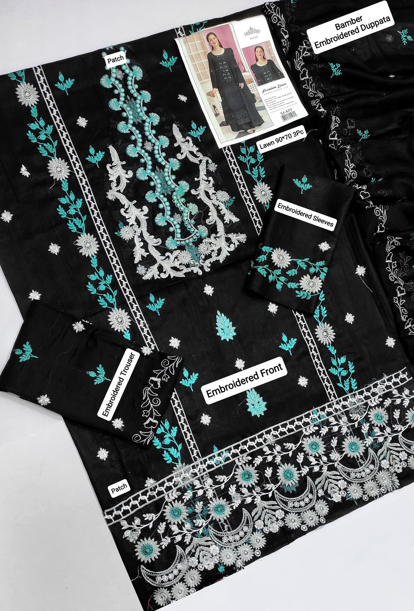 This is an unstitched lawn collection 3-piece suit with sequence embroidered front, embroidered sleeves, embroidered trouser, and a Bamber embroidered chiffon dupatta.