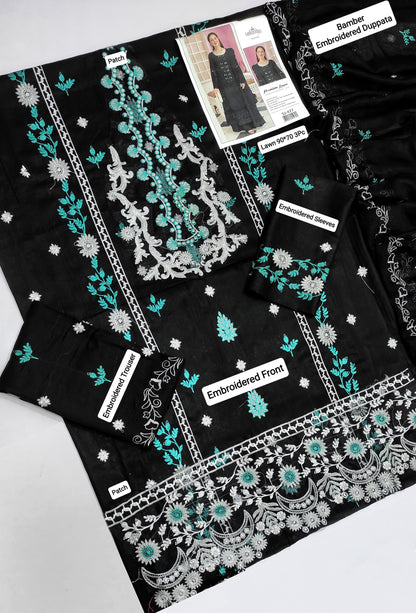 This is an unstitched lawn collection 3-piece suit with sequence embroidered front, embroidered sleeves, embroidered trouser, and a Bamber embroidered chiffon dupatta.
