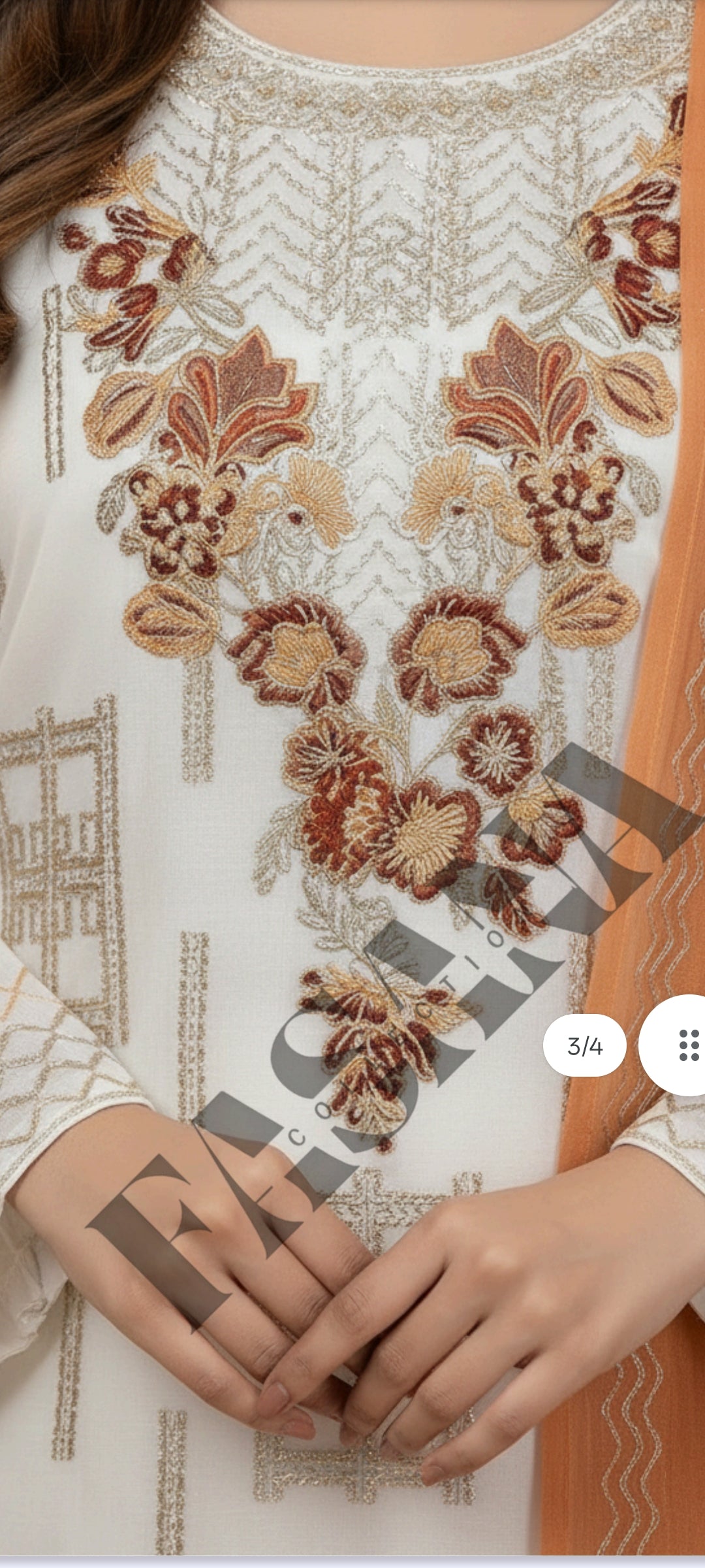 This is an unstitched lawn collection 3-piece suit with sequence embroidered front, embroidered sleeves, embroidered trouser, and a Bamber embroidered chiffon dupatta.