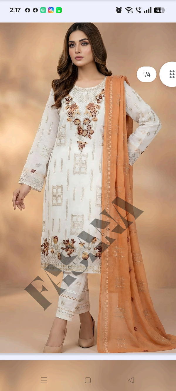 This is an unstitched lawn collection 3-piece suit with sequence embroidered front, embroidered sleeves, embroidered trouser, and a Bamber embroidered chiffon dupatta.