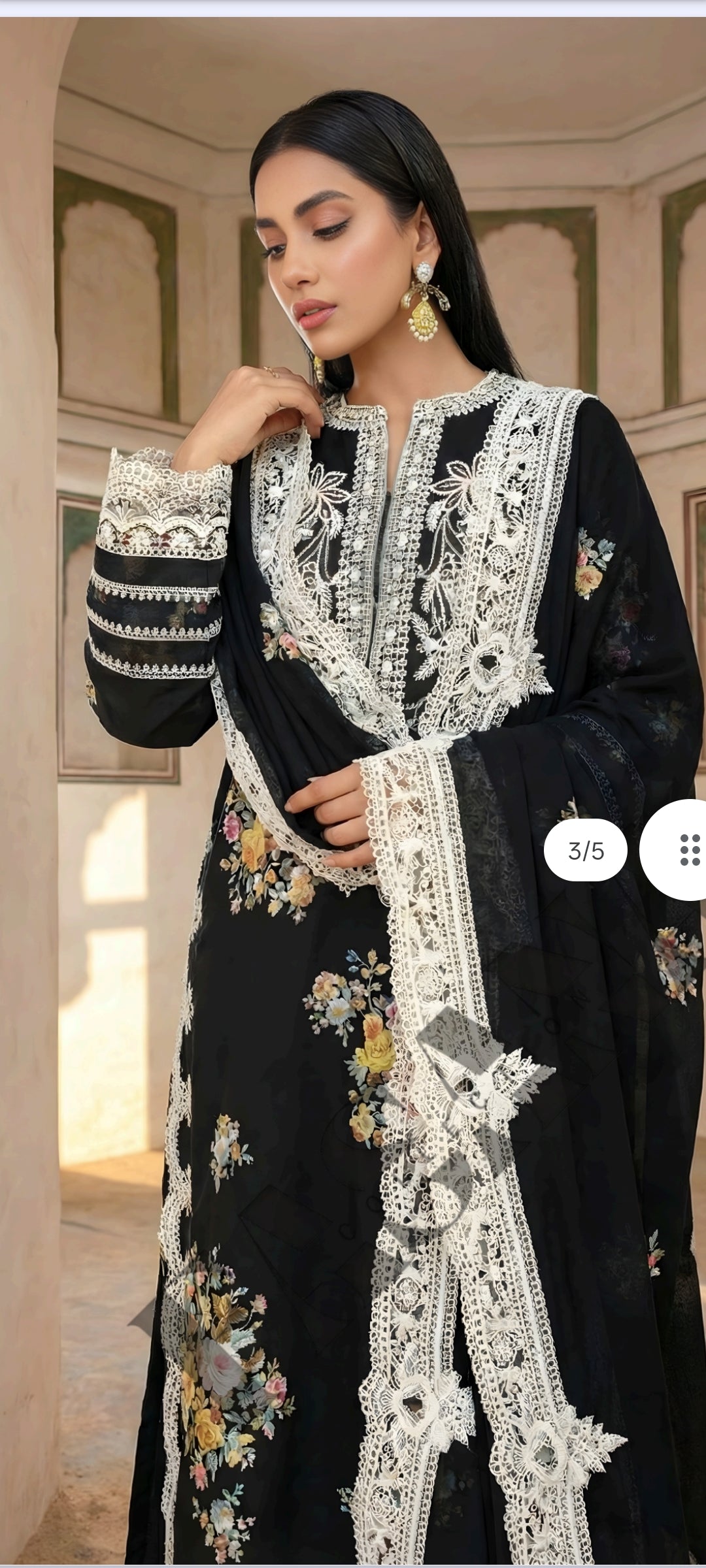 .This is an unstitched lawn collection 3-piece suit with sequence embroidered front, embroidered sleeves, embroidered trouser, and a Bamber embroidered chiffon dupatta.