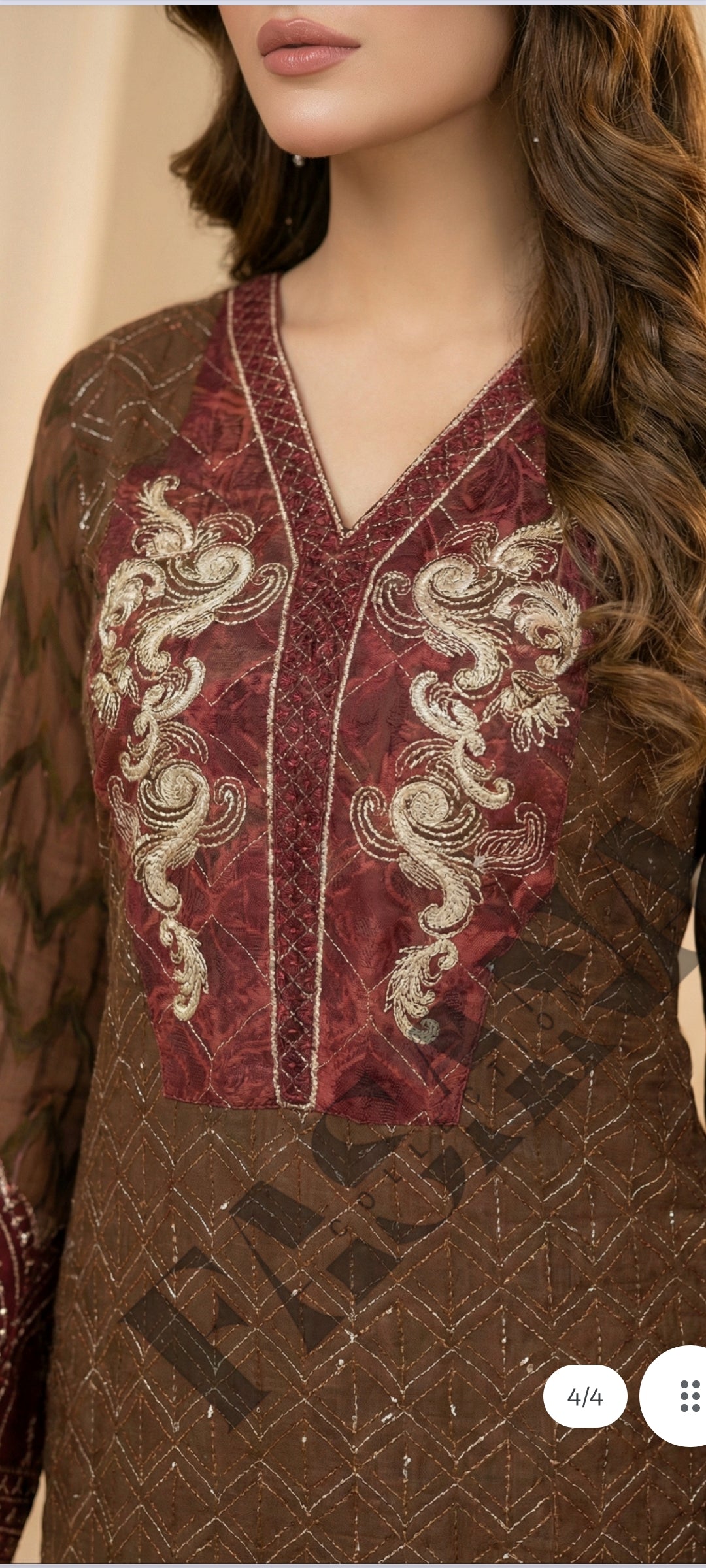 This is an unstitched lawn collection 3-piece suit with sequence embroidered front, embroidered sleeves, embroidered trouser, and a Bamber embroidered  chiffon dupatta.