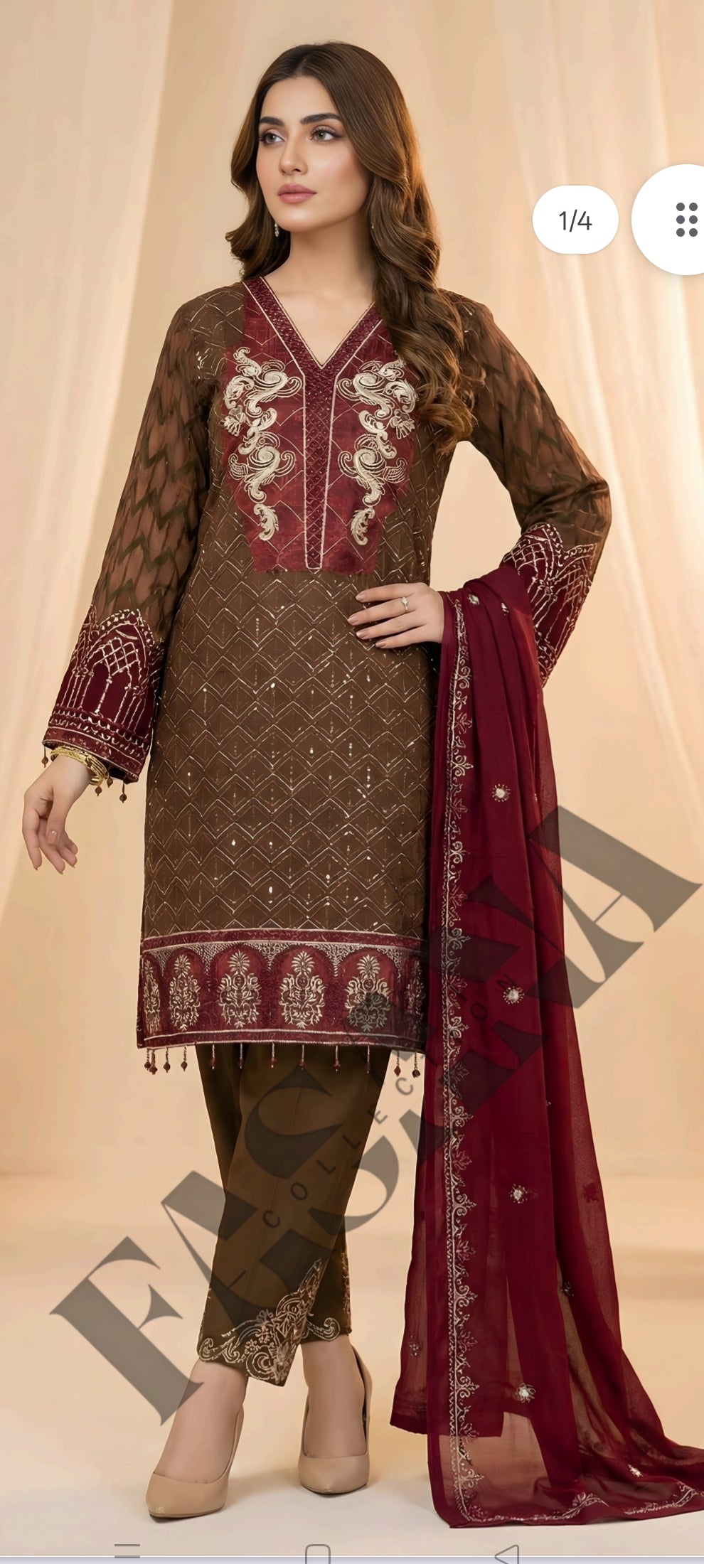 This is an unstitched lawn collection 3-piece suit with sequence embroidered front, embroidered sleeves, embroidered trouser, and a Bamber embroidered  chiffon dupatta.