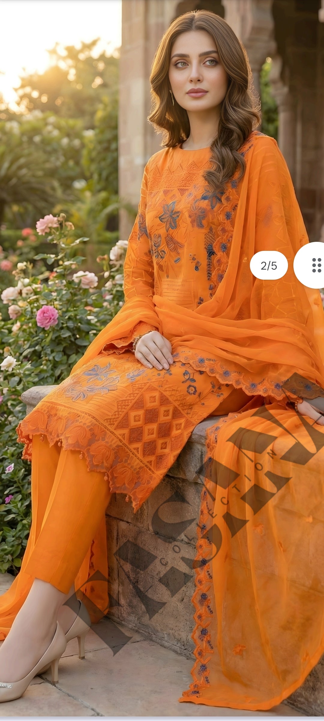 unstitched lawn collection 3-piece suit with sequence embroidered front, sleeves,trouser, and a Bamber embroidered chiffon dupatta.