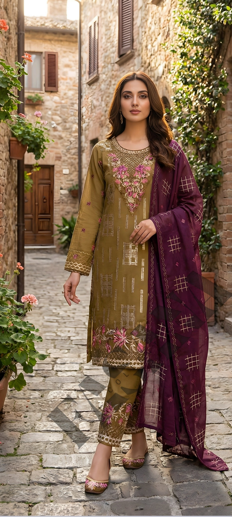 This is an unstitched lawn collection 3-piece suit with sequence embroidered front, embroidered sleeves, embroidered trouser, and a Bamber embroidered chiffon dupatta..