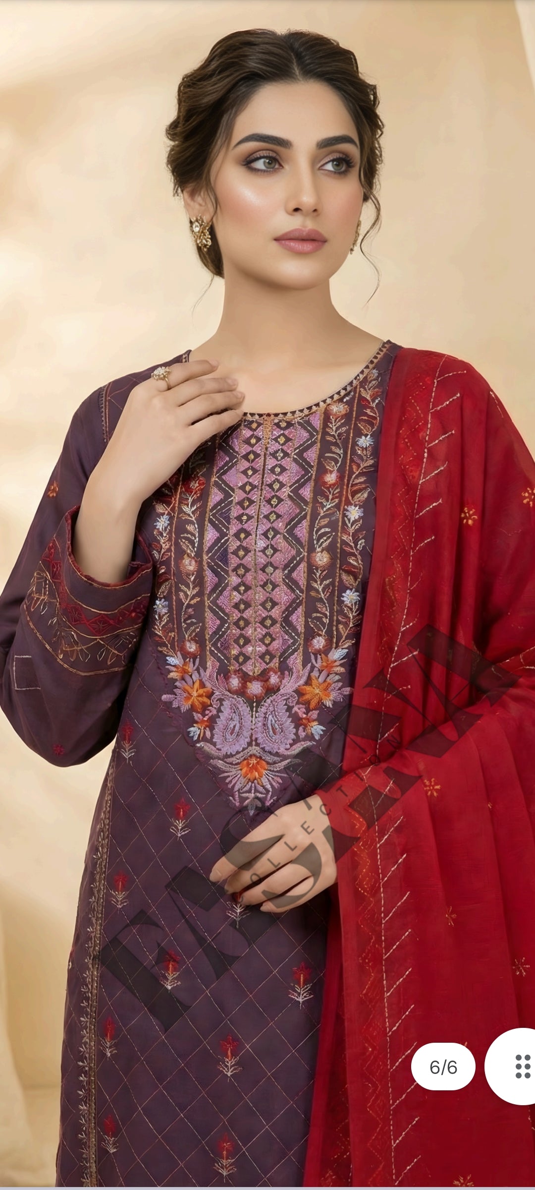 This is an unstitched lawn collection 3-piece suit with sequence embroidered front, embroidered sleeves, embroidered trouser, and a Bamber embroidered chiffon dupatta.